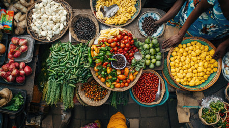 Top view of African market food with room for text on the sideの素材