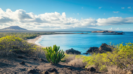 Serene view of the Garapagos Islands with the ocean stretching into the distance, offering copy spaceの素材