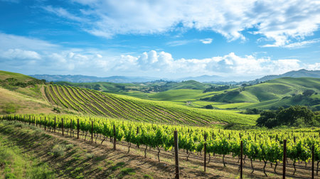 The rolling hills of the California wine country with ample sky for textの素材
