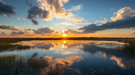 Sunset over the Florida Everglades, with wide open skies for copy spaceの素材