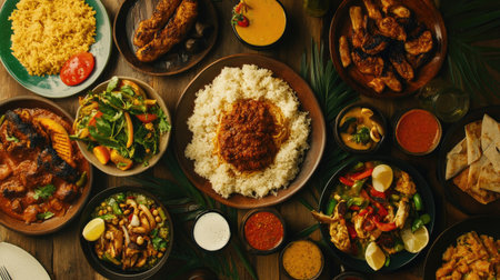 Top view of African food and drinks arranged with ample room for copyの素材