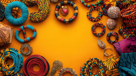Top view of African fashion accessories like bracelets and earrings with room for copyの素材
