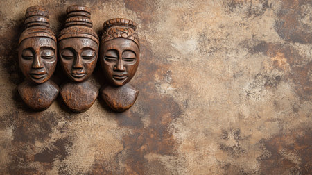 Top view of African wooden sculptures on a textured background, leaving space for copyの素材