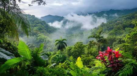 The lush, green rainforest of Costa Rica with space for copy in the skyの素材