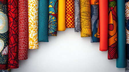 Top view of African wax print fabrics folded with open copy space in the centerの素材