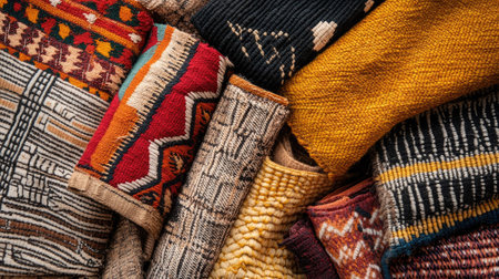 Top view of African handwoven textiles with ample space for copyの素材