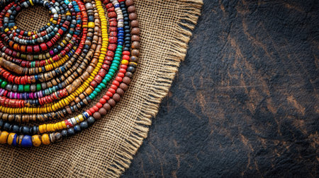 Top view of African clothing accessories, like bead necklaces, arranged with space for textの素材