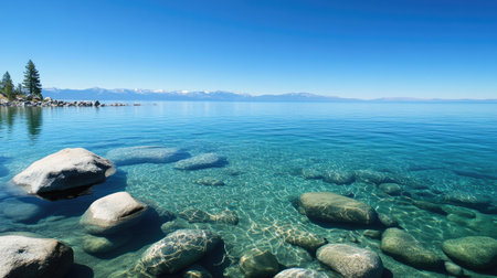 The calm waters of Lake Tahoe with a clear, open sky for copyの素材