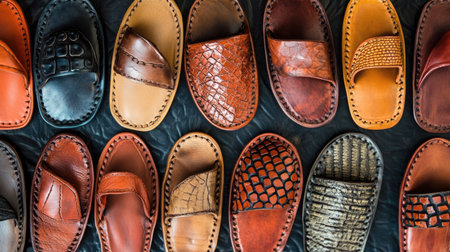 Top view of African leather sandals arranged with room for textの素材