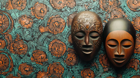 Top view of African wooden masks placed on a patterned background with ample copy spaceの素材