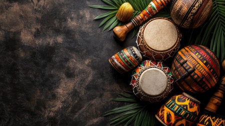 Top view of African percussion instruments such as djembes and maracas with room for copyの素材