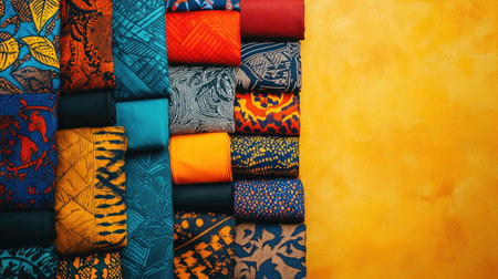 Top view of vibrant African fabrics with traditional patterns, arranged with open space for textの素材