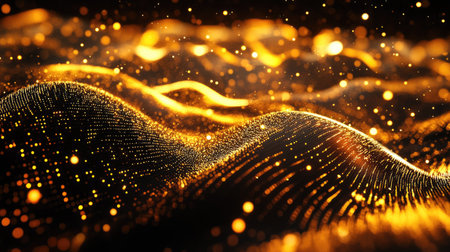 Abstract digital particles and glowing waves in a futuristic tech environment representing data flow and processesの素材