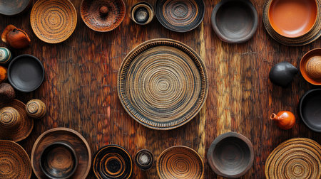 Top view of African-themed tableware, with room for text in the centerの素材