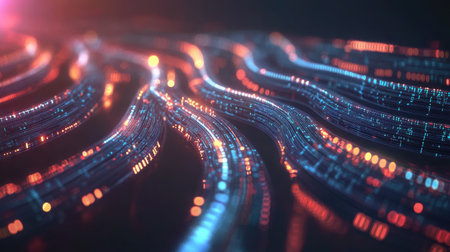 Abstract data streams flowing through glowing circuits and digital pathways representing modern tech processesの素材