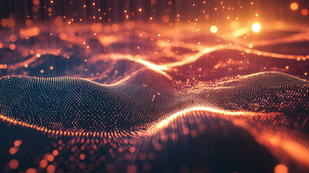 Abstract 3D grid of glowing particles and waveforms representing technological innovation and processesの素材