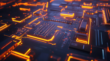 Abstract digital circuit board background with glowing neon lines representing data flow and technological processesの素材