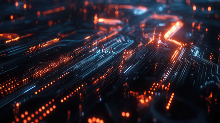 Abstract binary code flowing through glowing circuits and data streams representing digital innovation and processesの素材