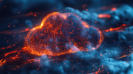 Abstract data cloud with glowing particles and waves symbolizing the digital landscape of tech processesの素材