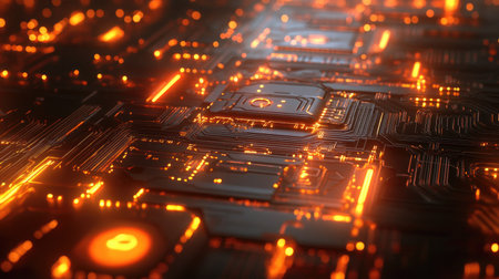 Abstract futuristic circuit patterns and glowing data streams representing tech innovation and processesの素材