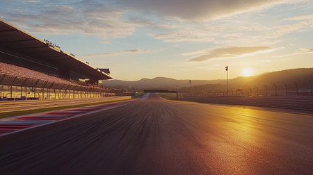 Deserted race circuit at sunrise, smooth lanes and open copy space, no cars or people aroundの素材