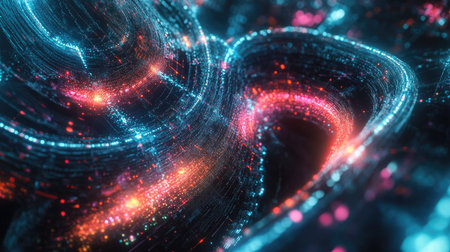 Abstract futuristic mesh of glowing nodes and data pathways representing technological evolution and digital processeの素材