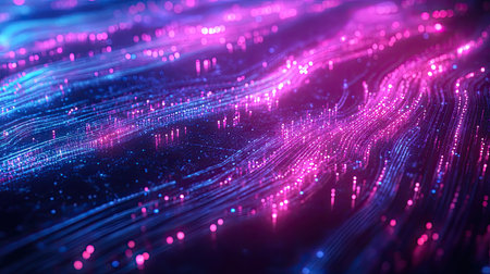 Abstract high-tech data flow with glowing lines and dots symbolizing digital transmission and computing processesの素材