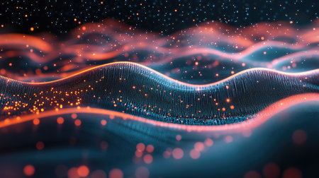 Abstract high-tech digital background with glowing data points and flowing waves representing tech-driven processesの素材