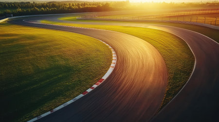 Aerial view of an empty race track at sunset, with wide curves and copy space, no cars or people visibleの素材