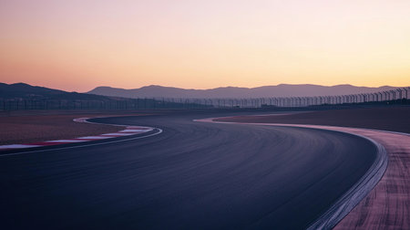 An empty race track at dusk with smooth curves and open space for text, no cars or people in sightの素材
