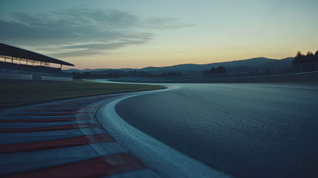 An empty race track at dusk with smooth curves and open space for text, no cars or people in sightの素材