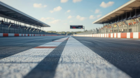 Empty race circuit with clean lane markings and open copy space, no vehicles or people in sightの素材