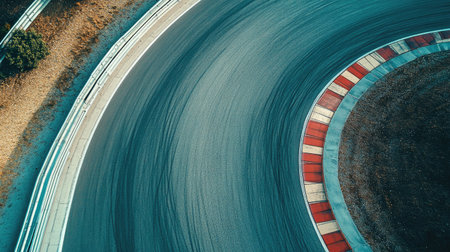 Aerial view of an empty race track with a clean asphalt surface and plenty of copy space, no cars or peopleの素材
