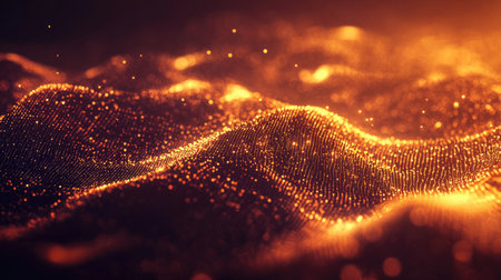 Abstract network of glowing digital particles and waveforms representing tech infrastructure and processesの素材