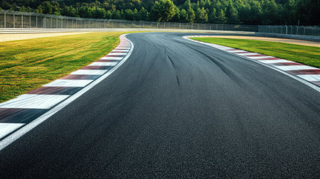 Empty race circuit with clean lane markings and open copy space, no vehicles or people in sightの素材
