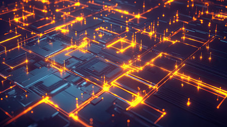 Abstract network of glowing nodes and data pathways representing high-tech processes and digital connectivityの素材
