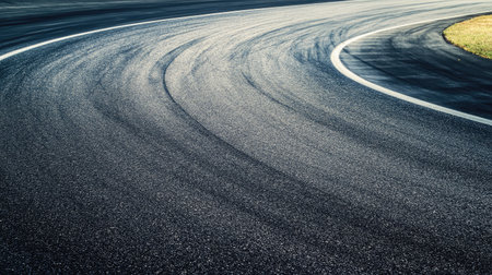 Curved section of an empty race track with copy space on the asphalt, no cars, no spectatorsの素材