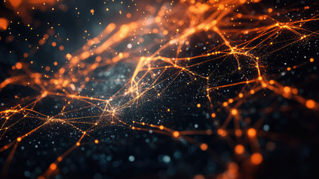 Futuristic digital grid with glowing lines and floating particles symbolizing technological advancements and processesの素材