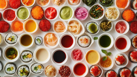 A colorful array of festival sushi rolls and dipping sauces, top view, copy space, no peopleの素材