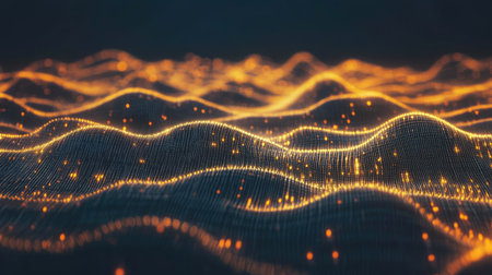 Futuristic digital grid with glowing data waves and abstract particles for modern technological processesの素材