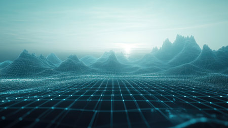 Futuristic digital landscape with abstract grids and data streams for tech innovation and computing processesの素材