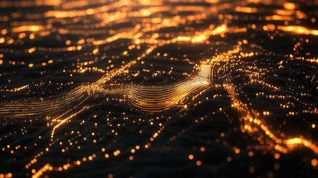 Glowing digital grid with abstract waveforms and nodes representing high-tech infrastructure and processesの素材