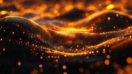 Glowing digital waves and abstract particles representing the complexity of modern technological processesの素材