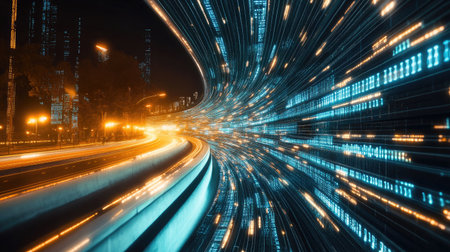 Futuristic digital tunnel with glowing data streams, representing the speed of technological advancements and processesの素材