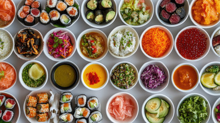 A colorful array of festival sushi rolls and dipping sauces, top view, copy space, no peopleの素材