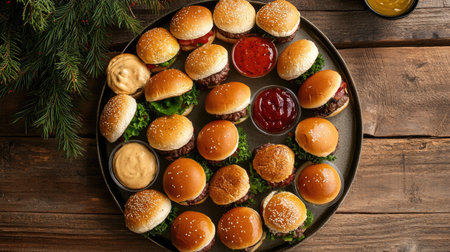 A festive platter of mini cheeseburgers with assorted sauces, top view, copy space, no peopleの素材