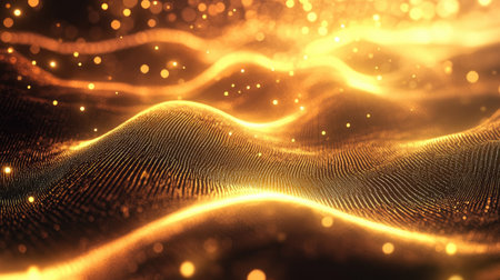 Glowing digital waves and abstract particles representing the complexity of modern technological processesの素材