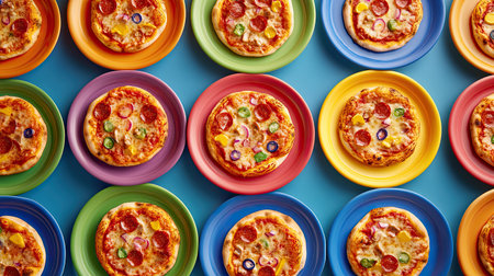 A variety of fairground mini pizzas on colorful plates, top view, copy space, no peopleの素材