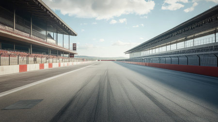 Race track with a long straightaway, deserted with clear space for text, no cars, no spectators presentの素材