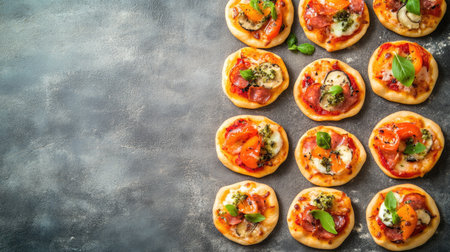 A delicious spread of mini festival pizzas with unique toppings, top view, copy space, no peopleの素材
